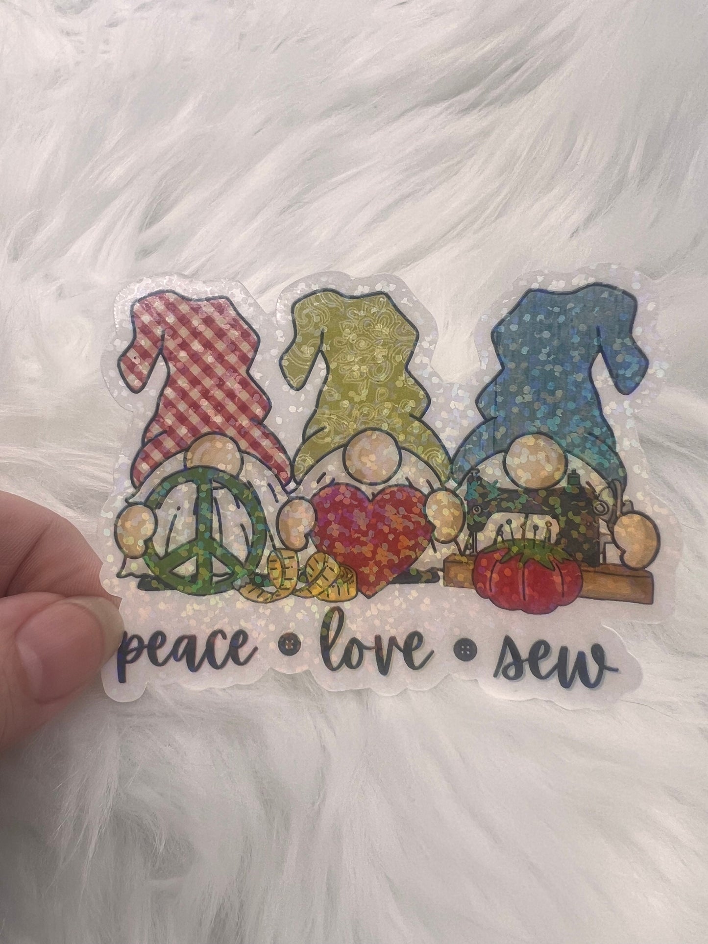 Peace Love Sew Gnomes Holographic Sticker, Sewing Gnomie Sticker, Sewing Waterbottle, Quilting Machine Sticker, Sew Decal cross sticker