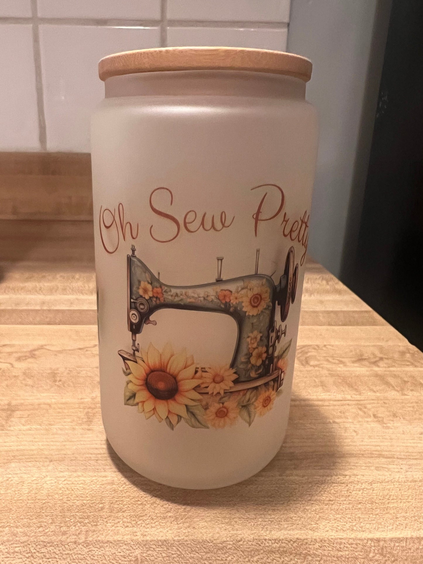 Oh Sew Pretty coffee cup, Quilting Beer Can Glass, Sewing Glass, Sunflower Sewing Mug Tumbler