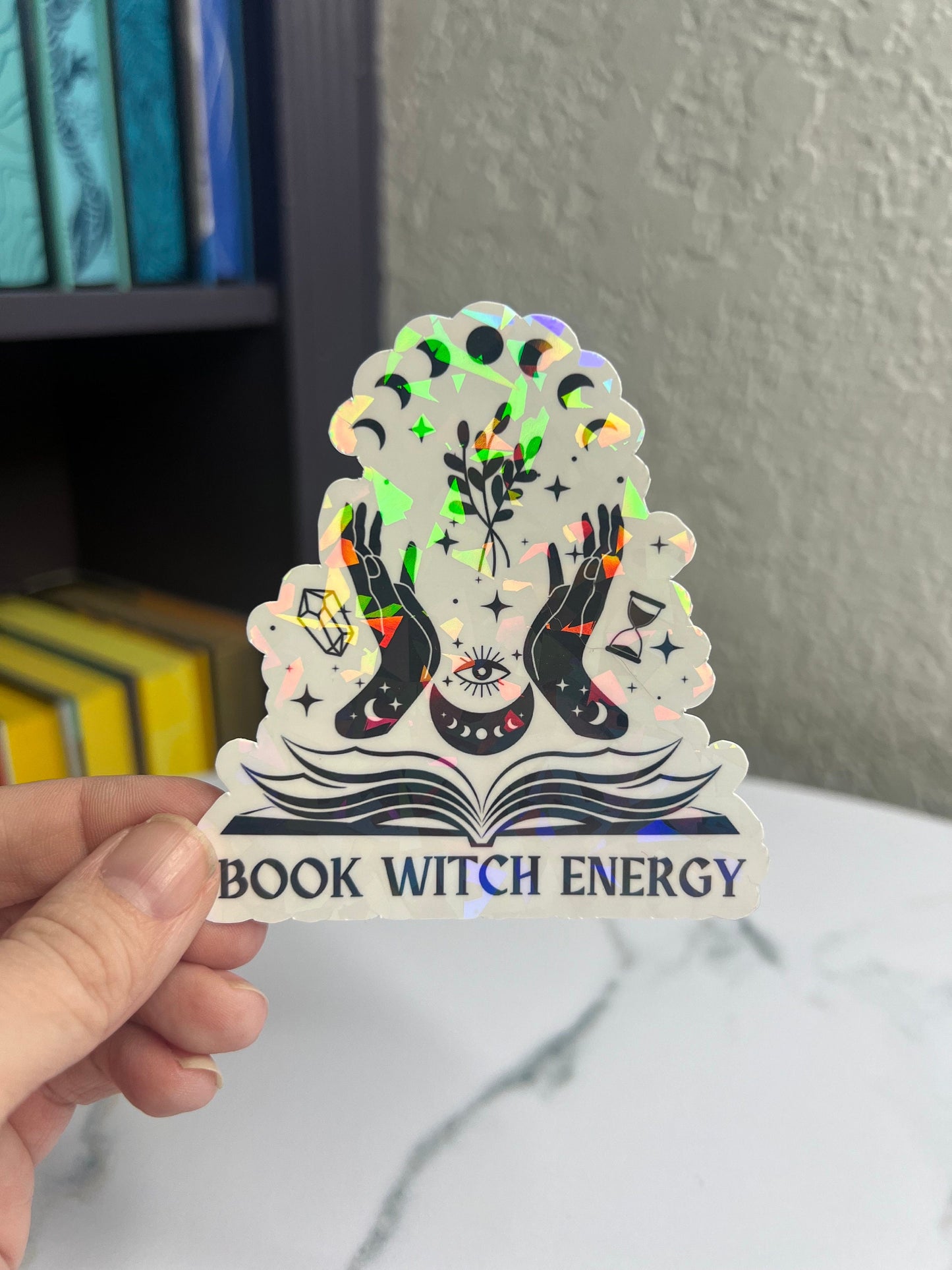 Book Witch Energy Holographic Sticker, Spicy Dark Romance, Booktok, kindle waterbottle laptop stickers Halloween book decal celestial book