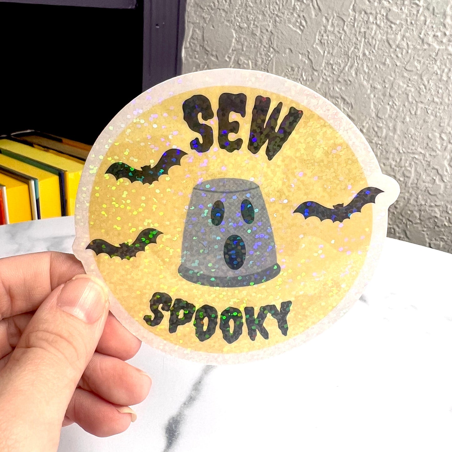 Sew Spooky holographic sticker thimble quilting sticker quilter Halloween decal sewing machine sticker sparkly cross stitch sticker