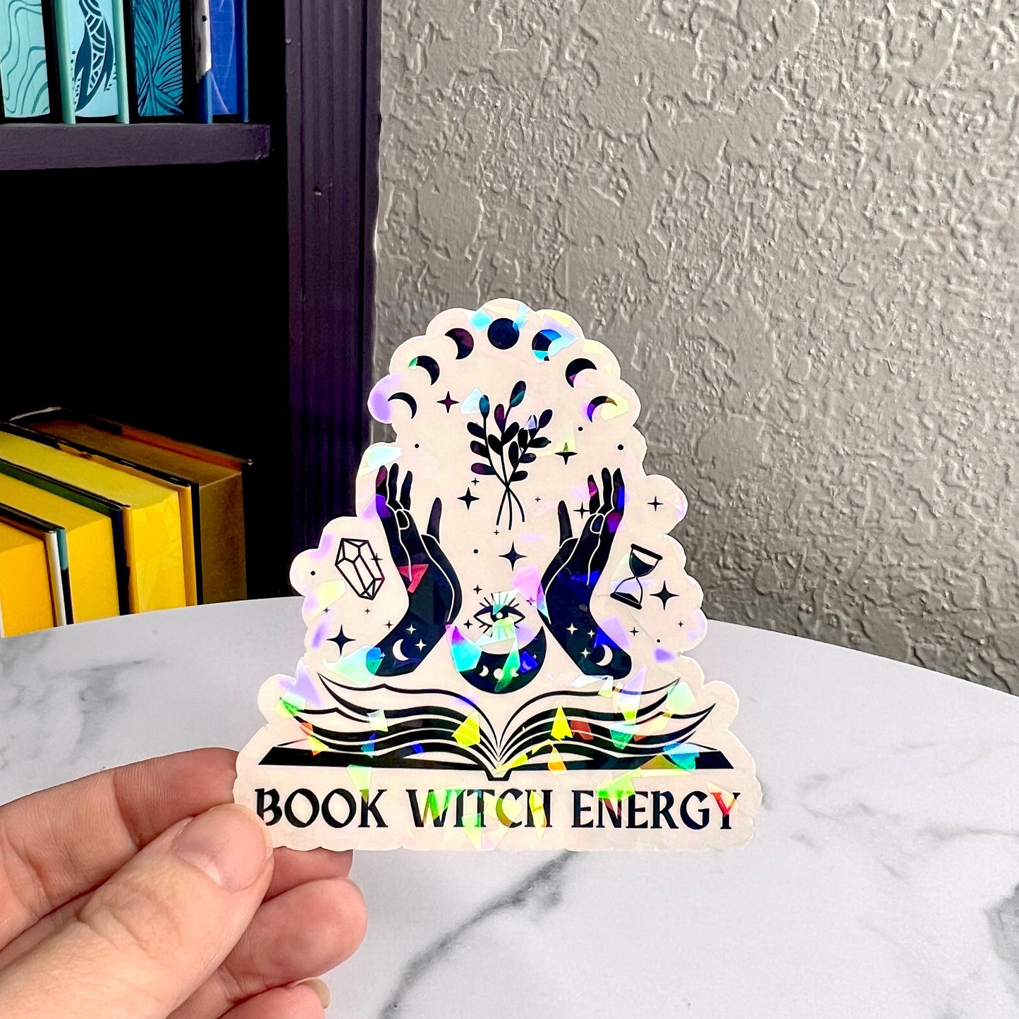 Book Witch Energy Holographic Sticker, Spicy Dark Romance, Booktok, kindle waterbottle laptop stickers Halloween book decal celestial book