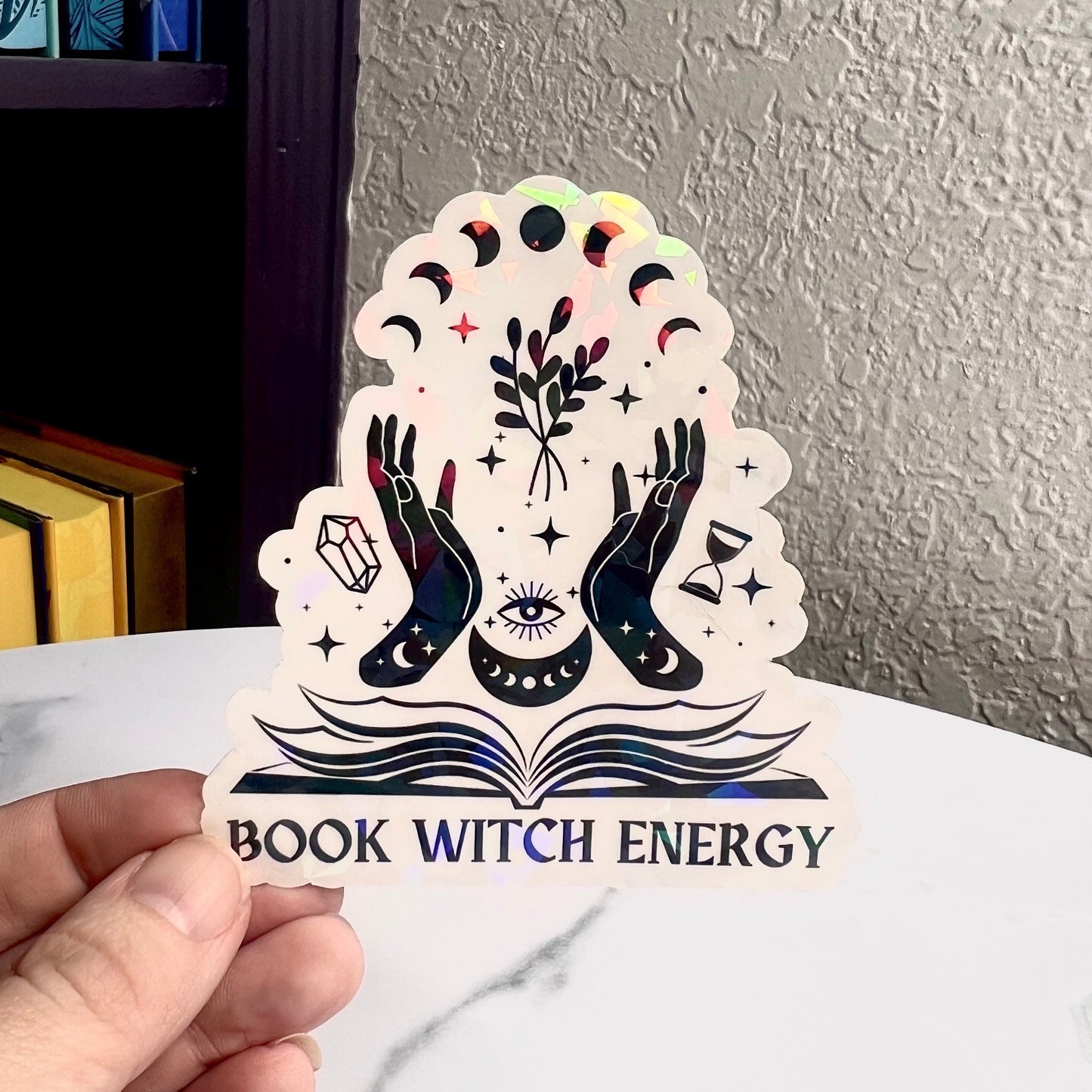 Book Witch Energy Holographic Sticker, Spicy Dark Romance, Booktok, kindle waterbottle laptop stickers Halloween book decal celestial book