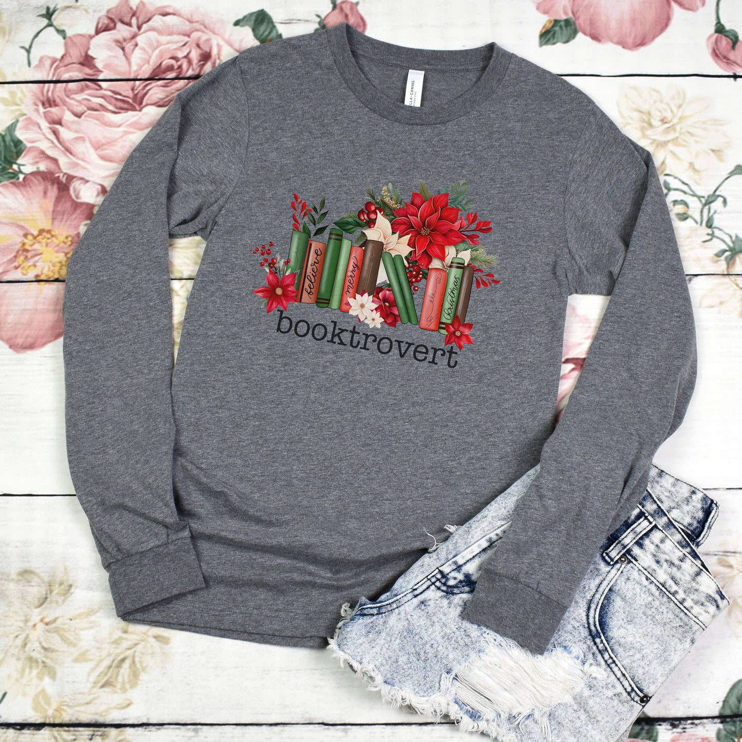 Christmas Booktrovert Long Sleeve Shirt, Xmas Winter Holiday Reader Book Lover Christmas Gift Book Club Gift Bookshelf Sweater Festive