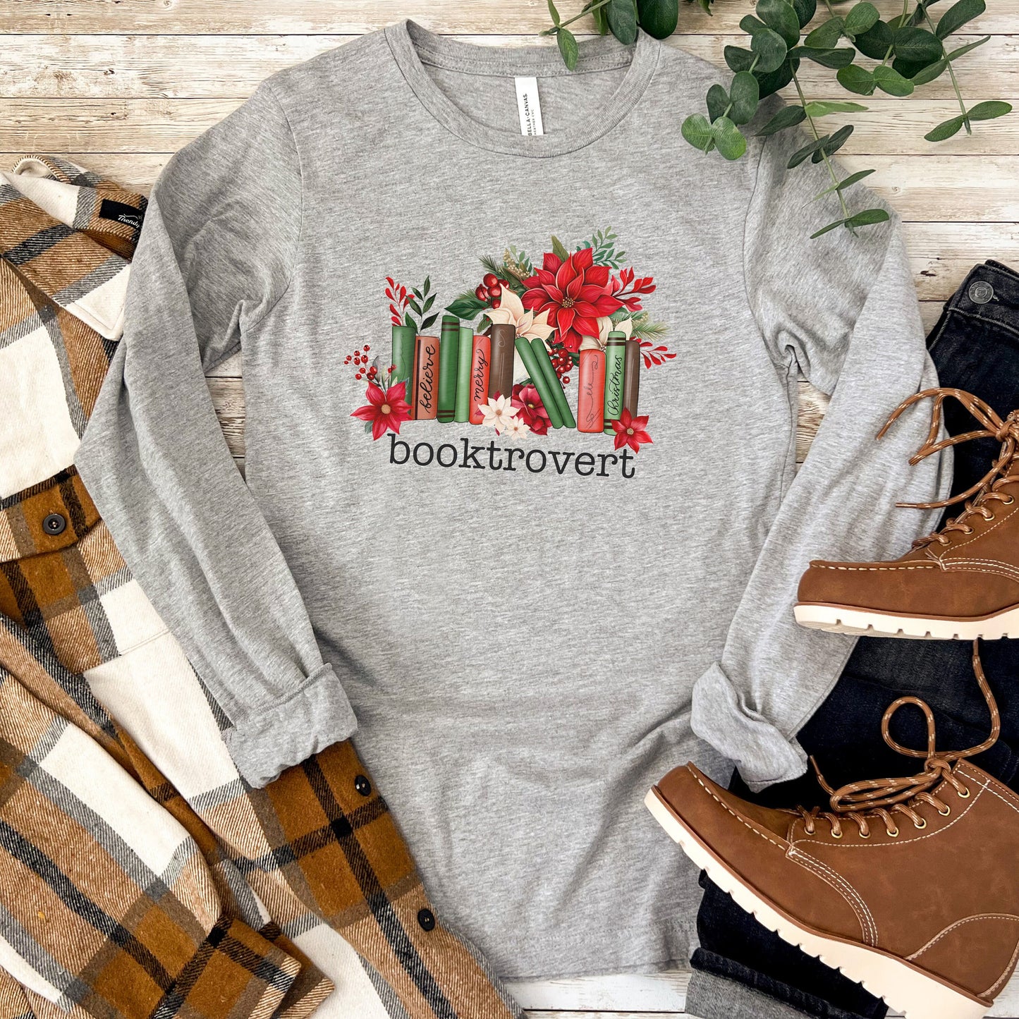 Christmas Booktrovert Long Sleeve Shirt, Xmas Winter Holiday Reader Book Lover Christmas Gift Book Club Gift Bookshelf Sweater Festive